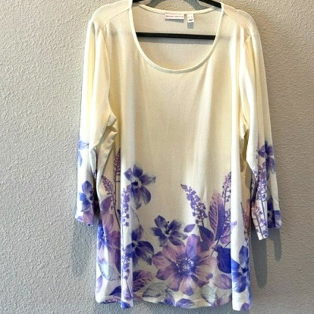Susan Graver XL Purple Floral Sweater Knit Tunic Cream 3/4 Sleeve Soft Top - Picture 3 of 6